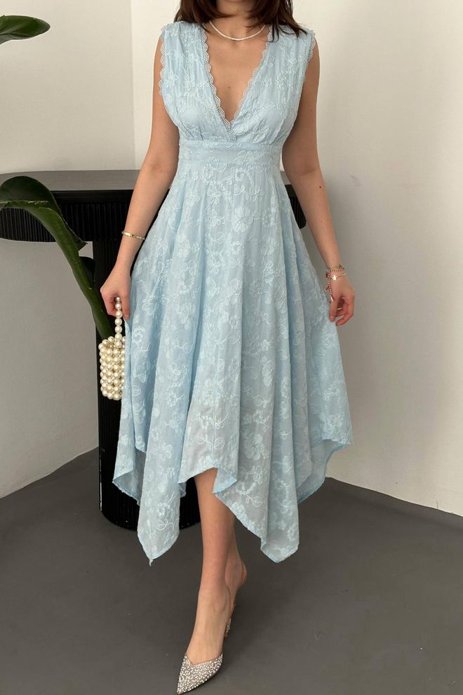 Elisa Blue Elegant Fit And Flare Dress Wholesale Clothing Spring