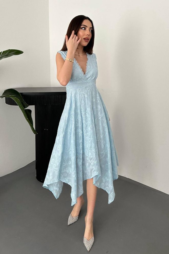 Elisa Blue Elegant Fit And Flare Dress Wholesale Clothing 1