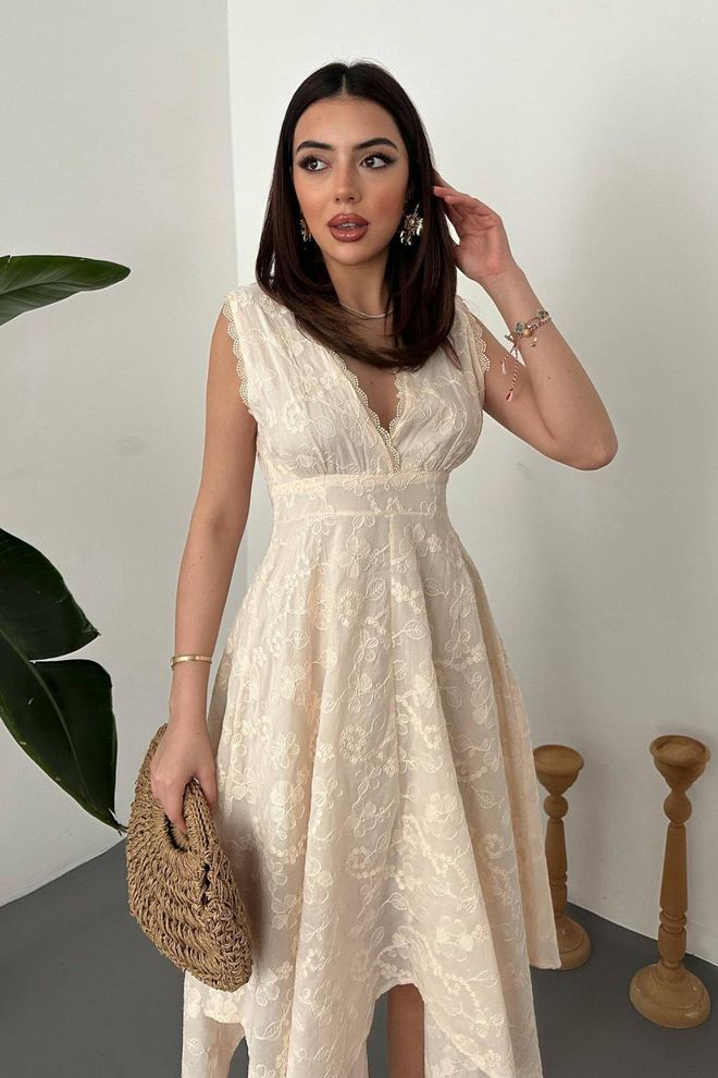 Elisa Elegant Beige Wrap Dress With Floral Pattern Wholesale Clothing Birthday