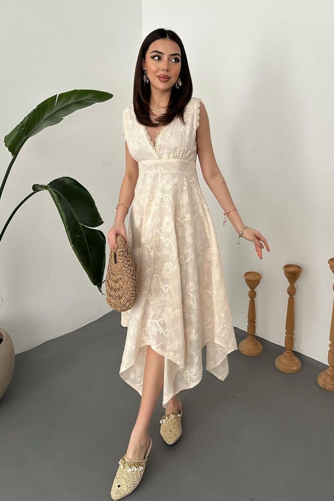 Elisa Elegant Beige Wrap Dress With Floral Pattern Wholesale Clothing Casual