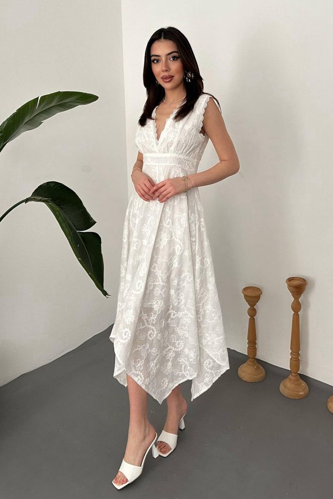 Elisa Elegant White Fit And Flare V Neck Midi Dress Wholesale Clothing 1