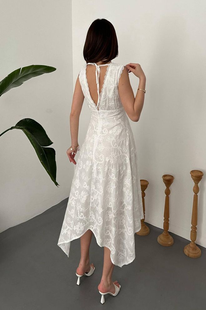 Elisa Elegant White Fit And Flare V Neck Midi Dress Wholesale Clothing Boho