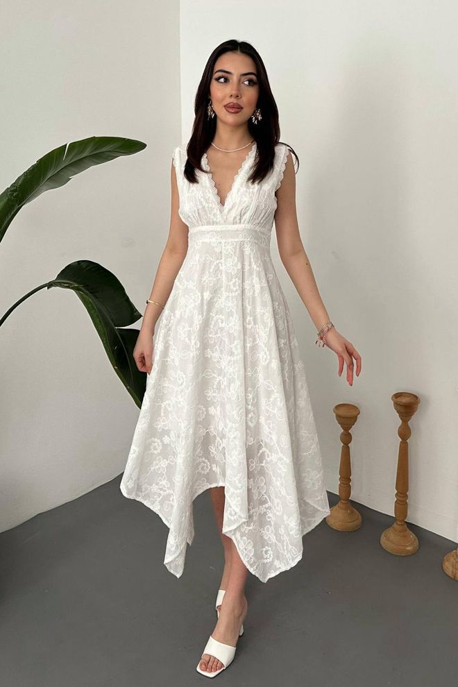Elisa Elegant White Fit And Flare V Neck Midi Dress Wholesale Clothing Casual