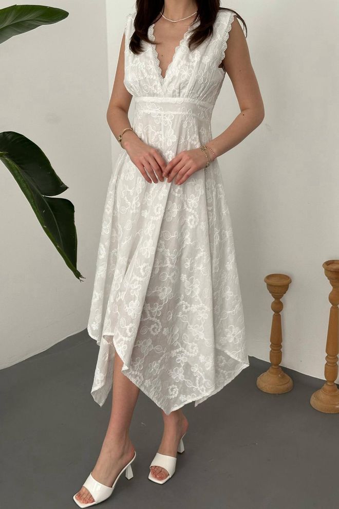 Elisa Elegant White Fit And Flare V Neck Midi Dress Wholesale Clothing Spring