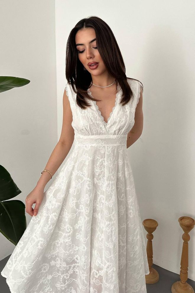 Elisa Elegant White Fit And Flare V Neck Midi Dress Wholesale Clothing Cocktail