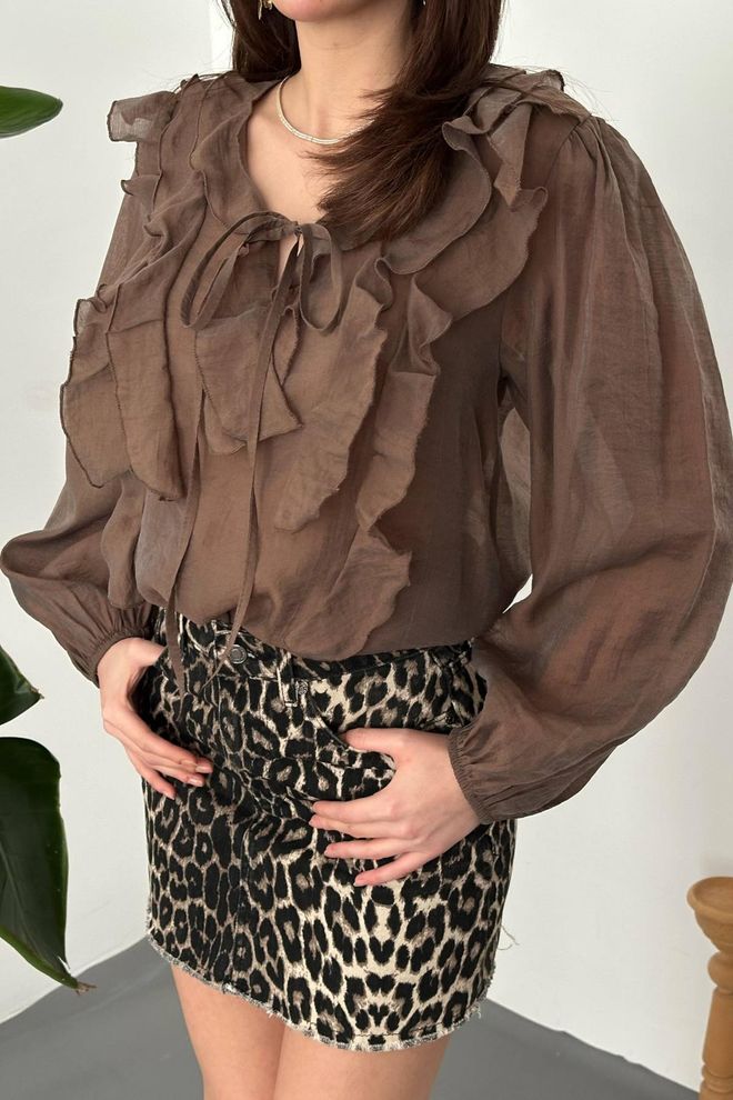Elisa Brown Elegant Blouse With Balloon Sleeves Wholesale Clothing Spring