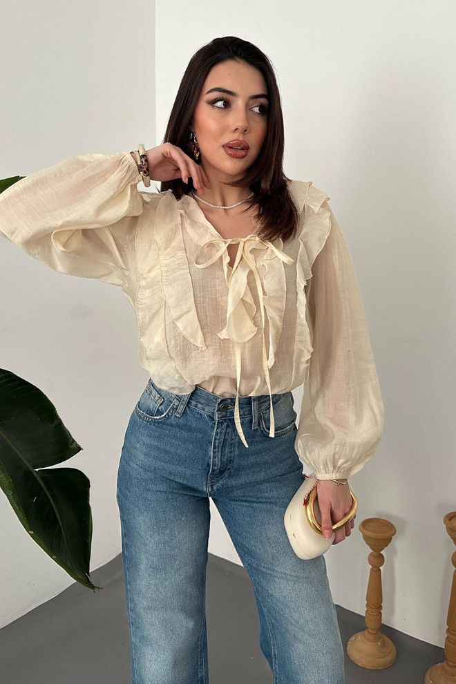 Elisa Beige Elegant Blouse With Ruffle Long Sleeves Wholesale Clothing 1