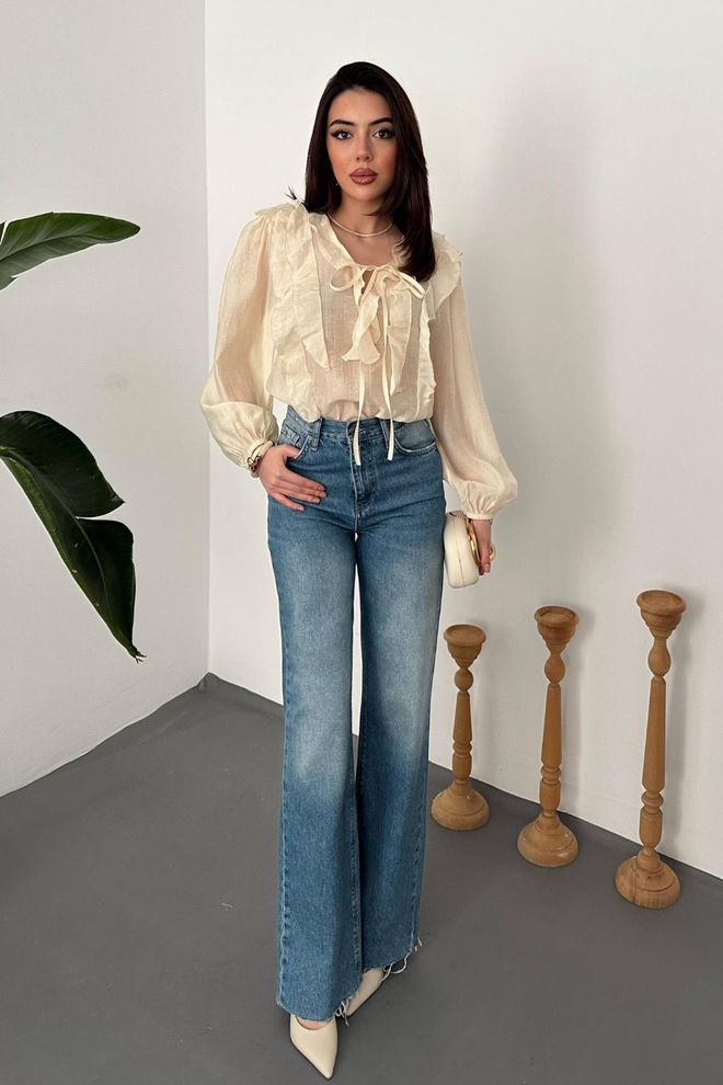 Elisa Beige Elegant Blouse With Ruffle Long Sleeves Wholesale Clothing Lounge