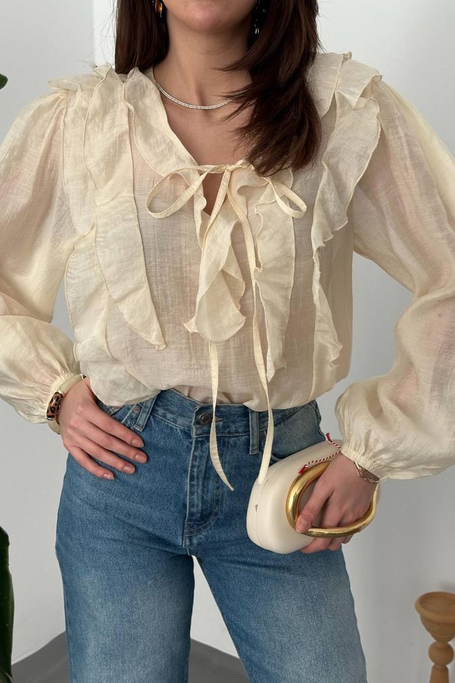Elisa Beige Elegant Blouse With Ruffle Long Sleeves Wholesale Clothing Spring