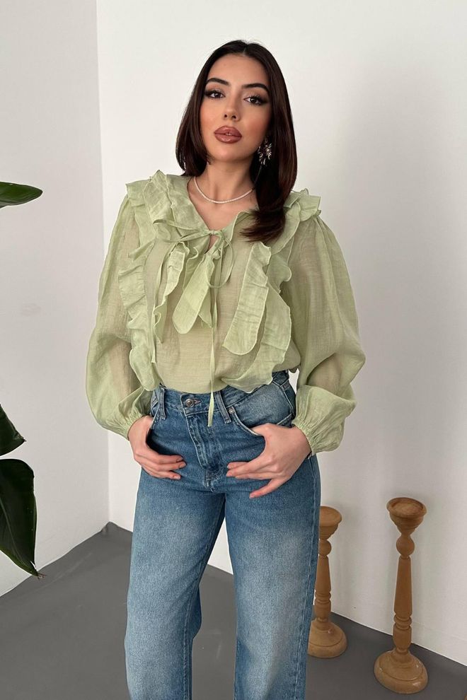 Elisa Green Elegant V Neck Blouse With Long Straight Sleeves Wholesale Clothing Vintage