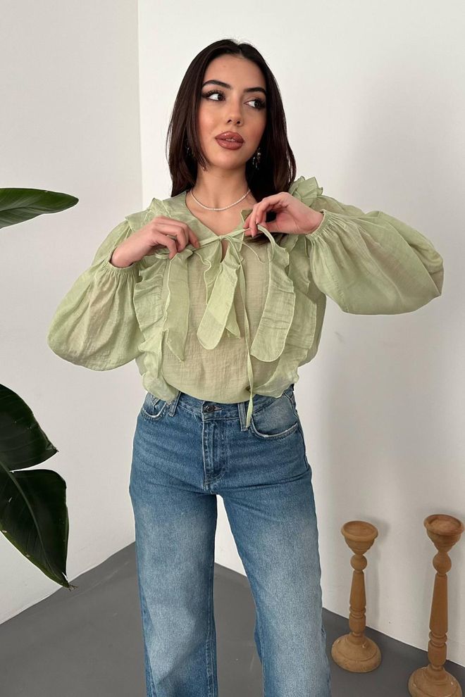 Elisa Green Elegant V Neck Blouse With Long Straight Sleeves Wholesale Clothing 1