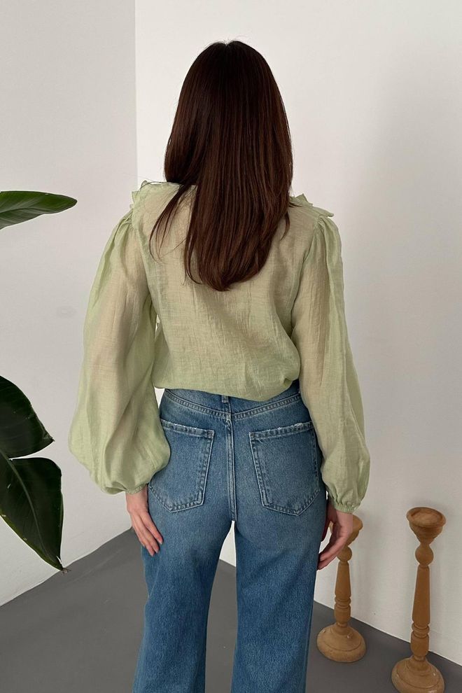 Elisa Green Elegant V Neck Blouse With Long Straight Sleeves Wholesale Clothing Vintage