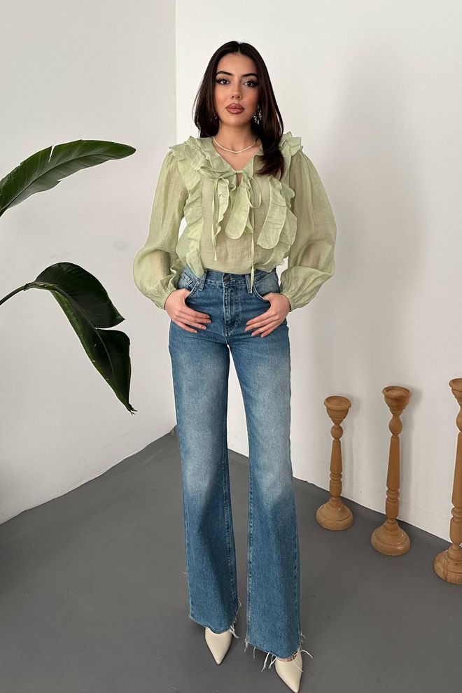 Elisa Green Elegant V Neck Blouse With Long Straight Sleeves Wholesale Clothing Work