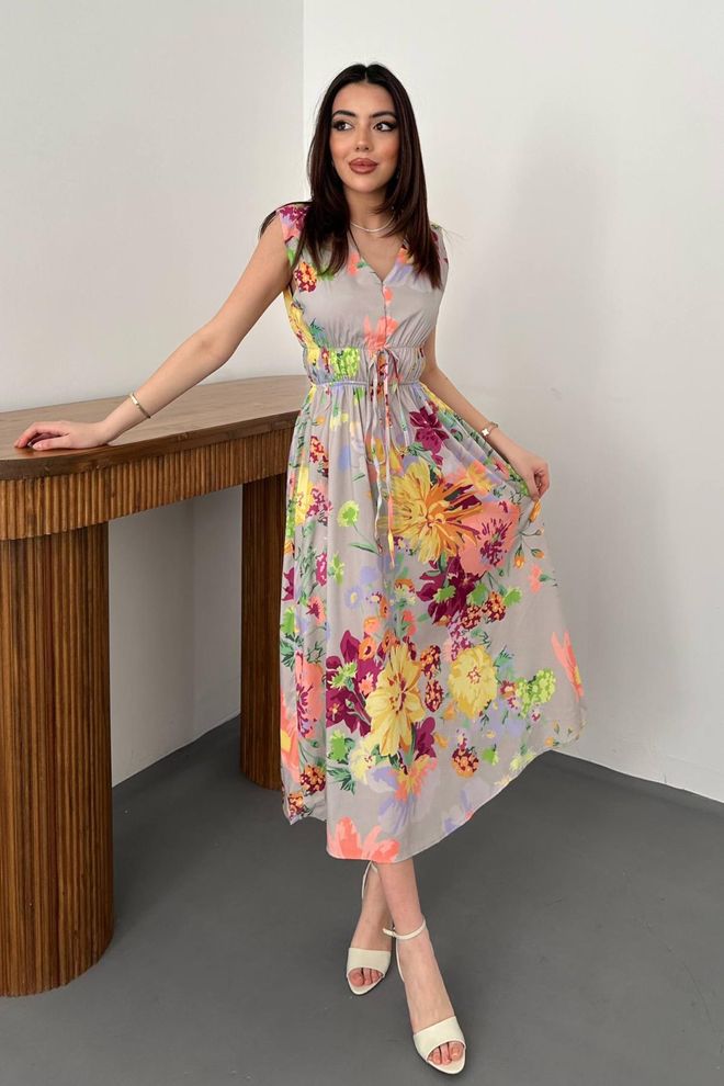 Elisa Robe En Mélange De Couleurs Coupe A Avec Motif Floral Vêtements en gros Décontracté