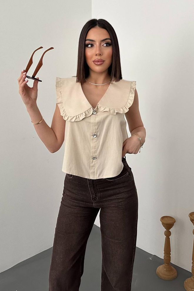 Elisa Blouse met babykraag en knopen aan de voorkant Beige Groothandel Kleding Vintage