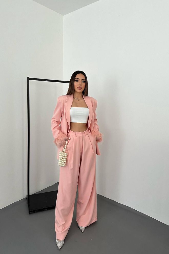 Elisa Jacke Und Hosenanzug Mit Federärmeln – Puder Großhandelskleidung Formal