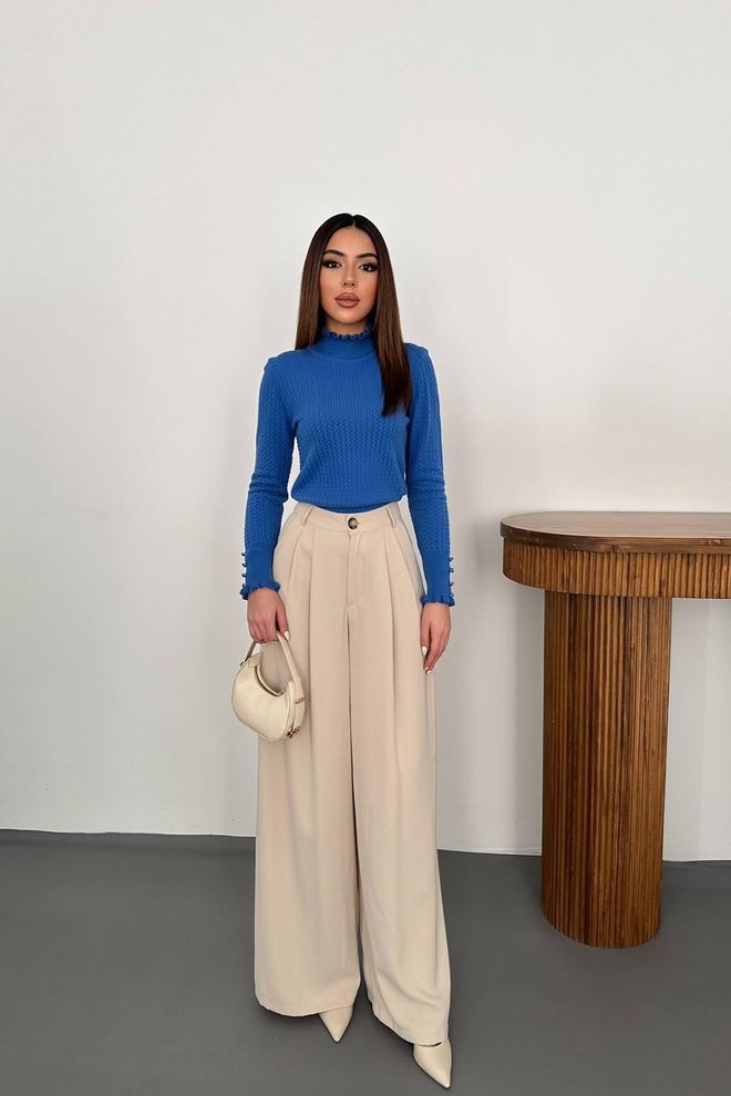 Elisa Rollkragenpullover Und Geflochtener Strickpullover – Blau Großhandelskleidung Lässig