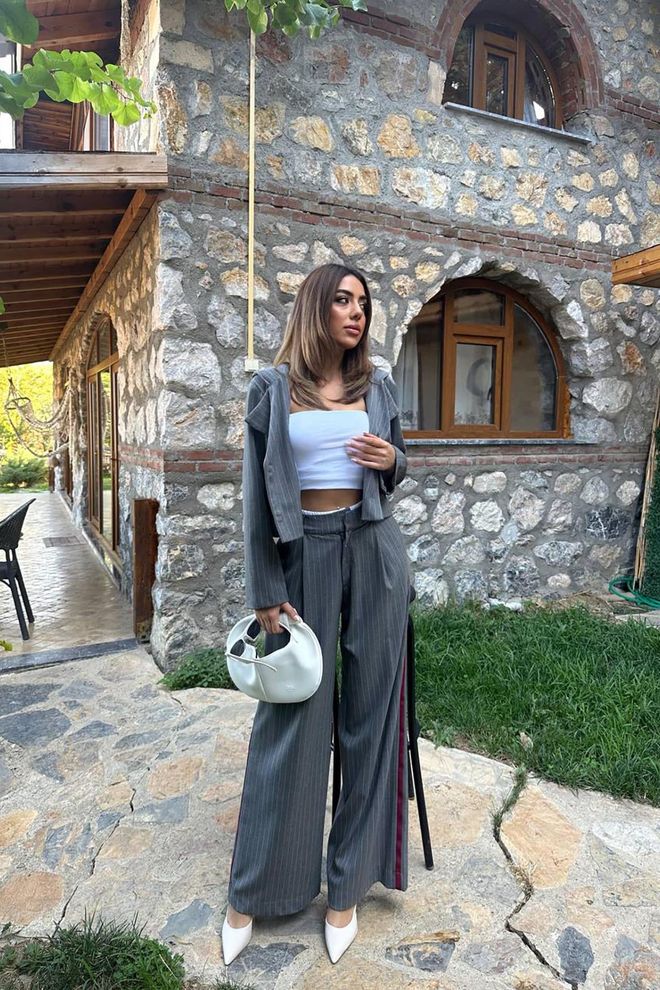 Elisa Side Striped Garnished Trousers Gray Wholesale Clothing Casual