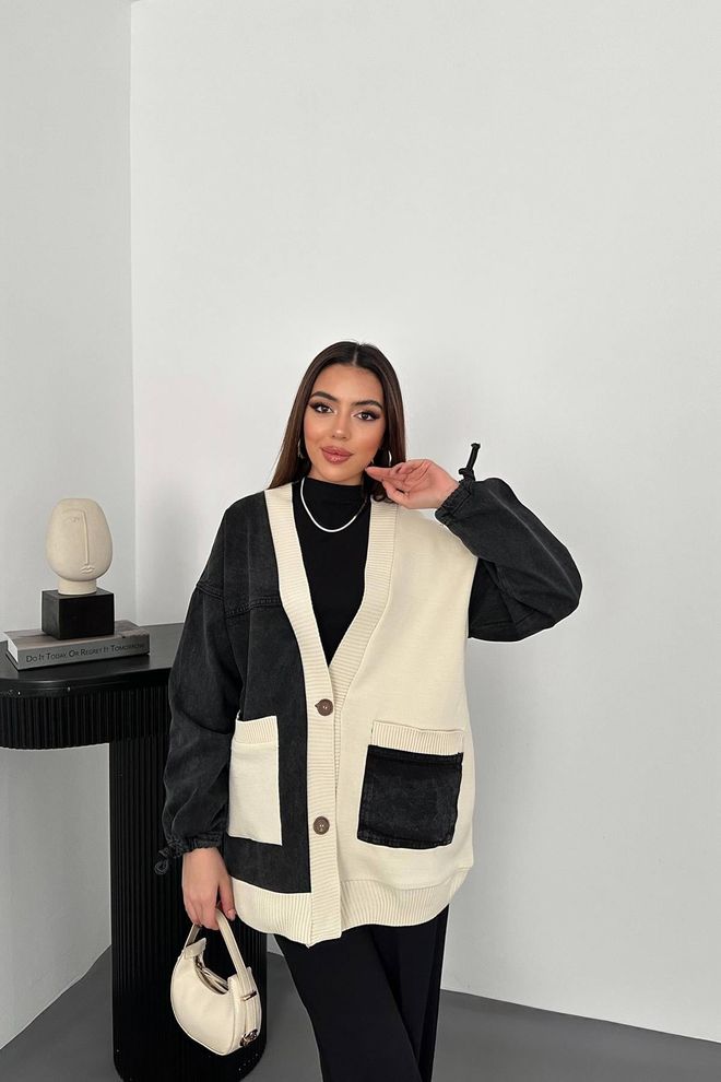 Elisa Gegarneerd Denim Vest Zwart En Ecru Groothandel Kleding Casual