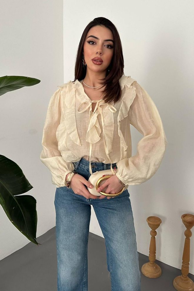 Elisa Beige Elegante Blouse Met Lange Ruches Mouwen Groothandel Kleding Casual