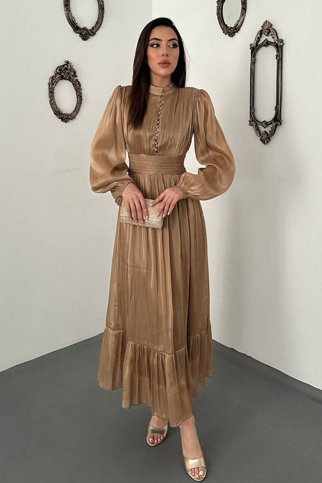 Lonca | ELS14786 - Elegant Beige A-Line Maxi Dress With Long