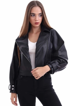 A wholesale clothing model wears ELS10043 - Leather Jacket With Belt - Black, Turkish wholesale Jacket of Elisa