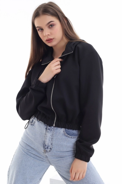 A model wears ELS10045 - Waist Detailed And Hooded Cardigan - Black, wholesale Hoodie of Elisa to display at Lonca
