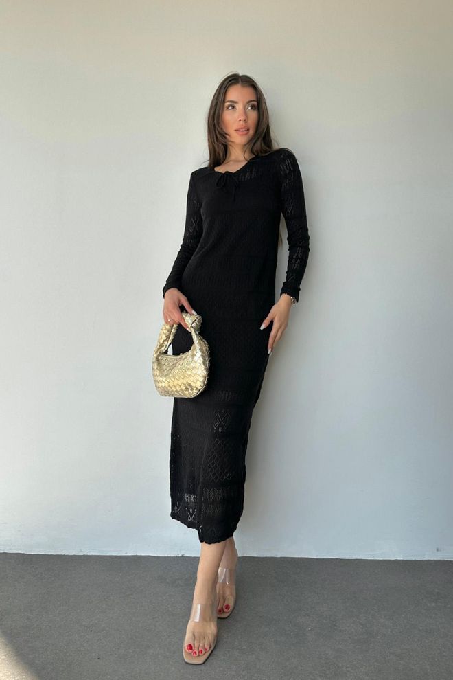 L&C فستان أسود أنيق بقصة بوديكون متوسطة الطول برقبة على شكل V ملابس بالجملة قطن