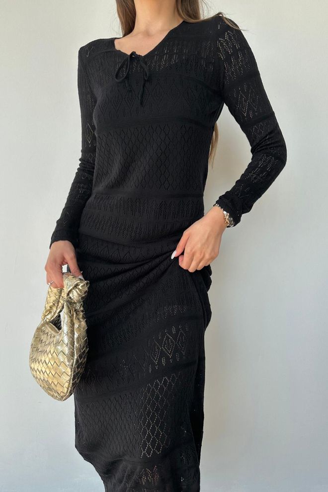 L&C فستان أسود أنيق بقصة بوديكون متوسطة الطول برقبة على شكل V ملابس بالجملة عمل