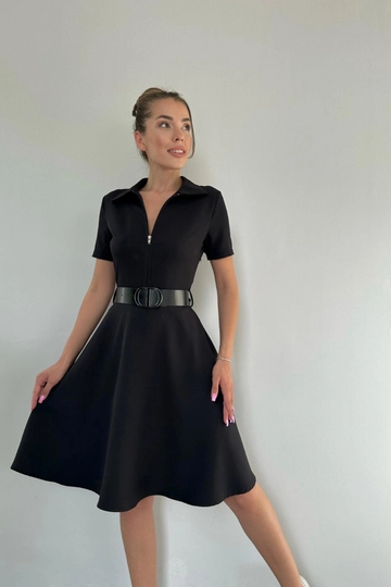 A wholesale clothing model wears  Belted Sports Dress - Black
, Turkish wholesale Dress of Elisa