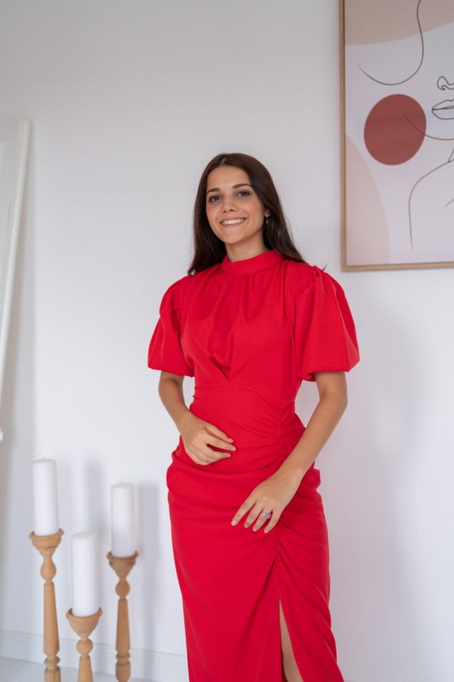 L&C Raudona Eleganti Liemens Su Balioniniais Rankovėmis Suknelė Didmeninė prekyba drabužiais Išleistuvės