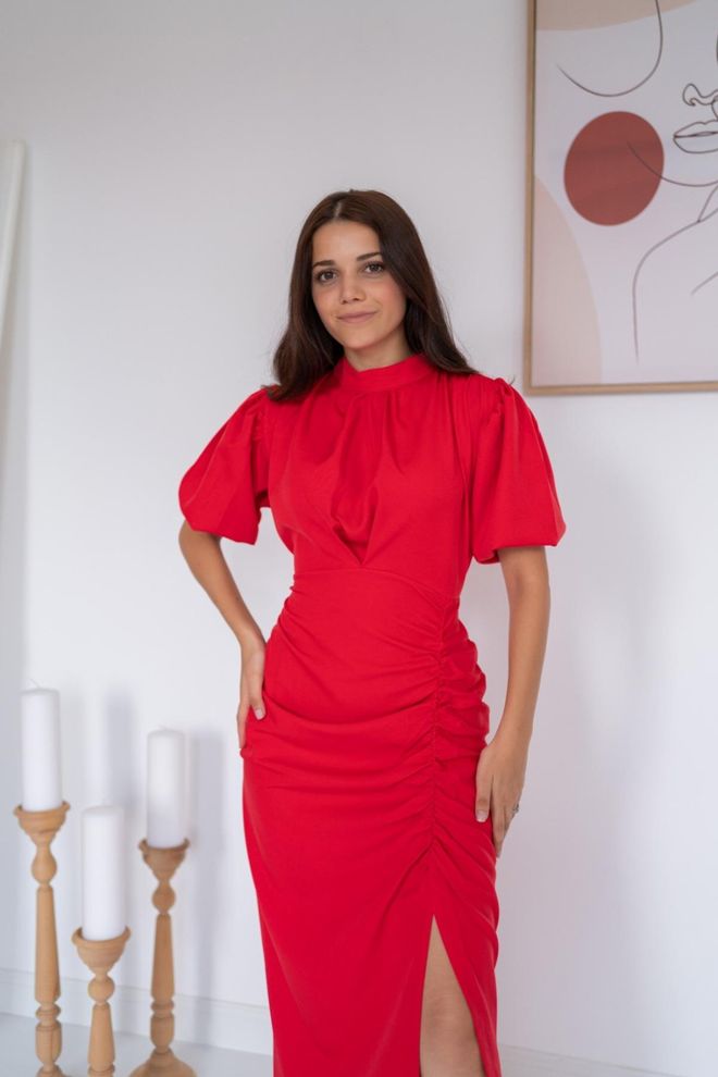 L&C Red Elegant Sheath Dress With Ballon Sleeves Wholesale Clothing Birthday