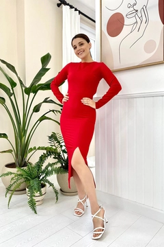 A wholesale clothing model wears ELS10137 - Low Back Dress - Red, Turkish wholesale Dress of Elisa
