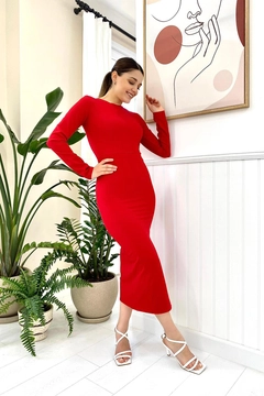 A wholesale clothing model wears ELS10137 - Low Back Dress - Red, Turkish wholesale Dress of Elisa