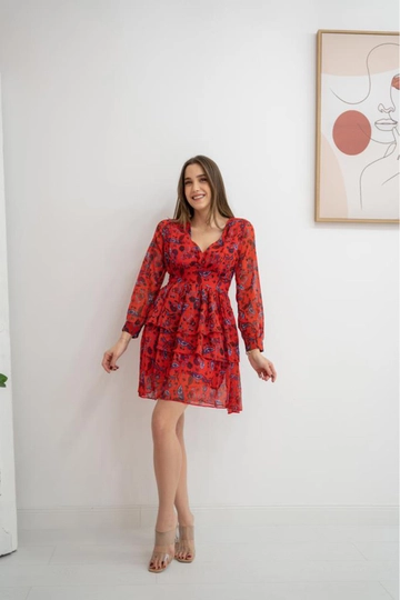 A wholesale clothing model wears  Tiered Chiffon Dress - Red
, Turkish wholesale Dress of Elisa