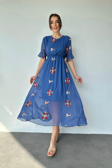 A wholesale clothing model wears  Embroidered Chiffon Dress - Blue
, Turkish wholesale Dress of Elisa