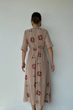 A wholesale clothing model wears ELS10220 - Embroidered Chiffon Dress - Mink, Turkish wholesale Dress of Elisa