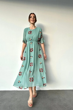 A wholesale clothing model wears ELS10221 - Embroidered Chiffon Dress - Çağla, Turkish wholesale Dress of Elisa