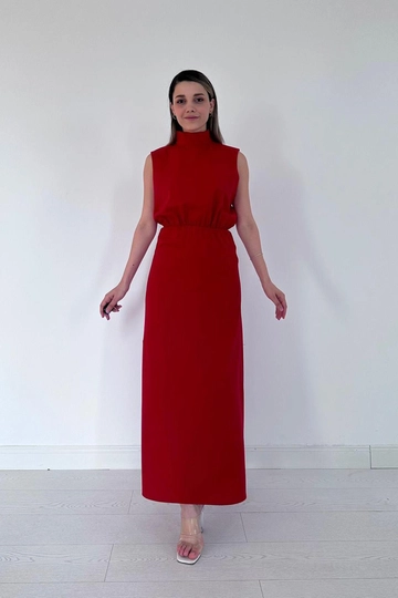 A wholesale clothing model wears  Zero Sleeve Dress - Red
, Turkish wholesale Dress of Elisa