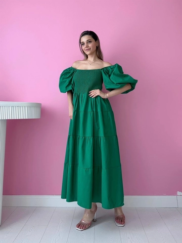 A wholesale clothing model wears  Balloon Sleeve Gipe Detail Dress - Green
, Turkish wholesale Dress of Elisa