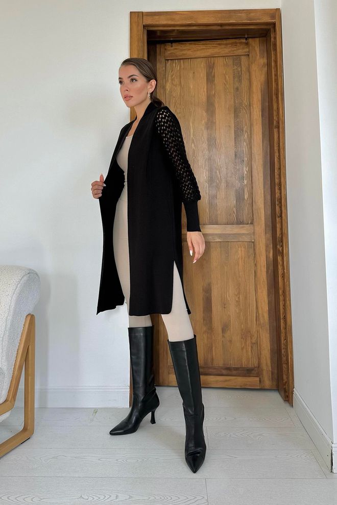 L&C Черный Кардиган С Шалевым Воротником И Открытым Фронтом Оптовая продажа одежды Полиэстер