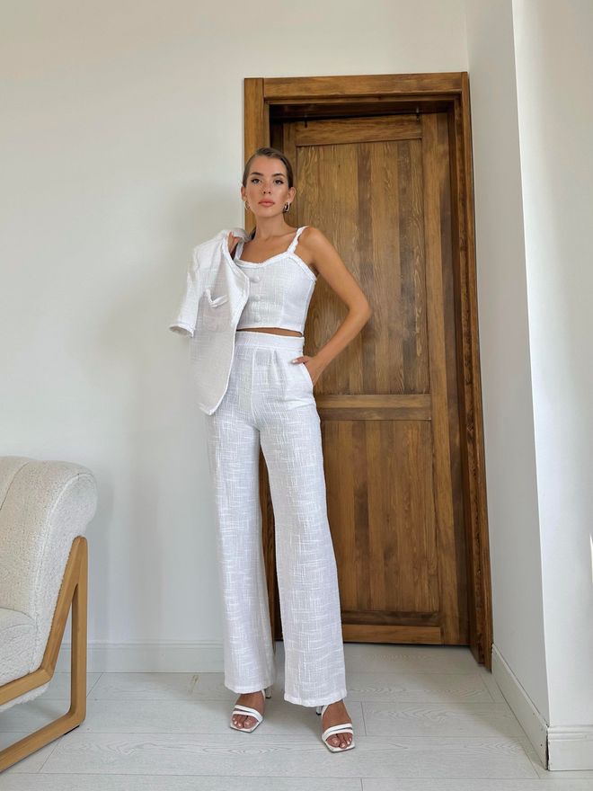 L&C Белый Элегантный Комплект В Клетку С Брюками Палаццо Оптовая продажа одежды Полиэстер