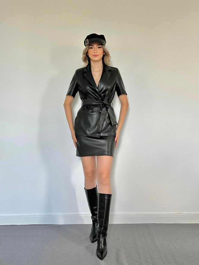 Elisa Set giacca e gonna in pelle Nero Abbigliamento all'ingrosso Sexy