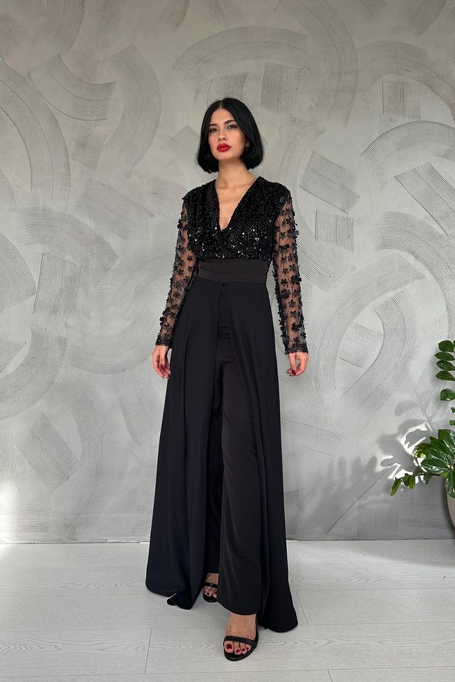 Elisa Overall Mit Tüllärmeln Und Rock – Schwarz Großhandelskleidung Elegant