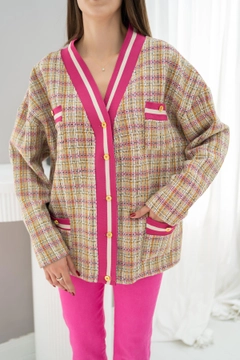 A wholesale clothing model wears els10774-front-ribbed-plaid-jacket-fuchsia, Turkish wholesale Jacket of Elisa
