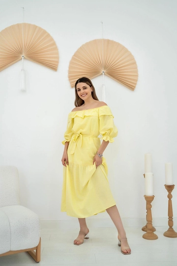 A wholesale clothing model wears  Madonna Collar Dress - Yellow
, Turkish wholesale Dress of Elisa
