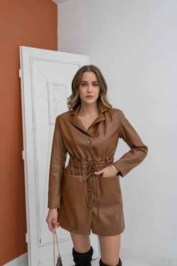 A wholesale clothing model wears  Button Leather Jacket - Brown
, Turkish wholesale Jacket of Elisa