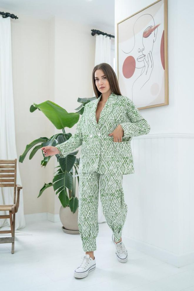 L&C Green Formal Suit With Geometric Pattern Wholesale Clothing Polyester