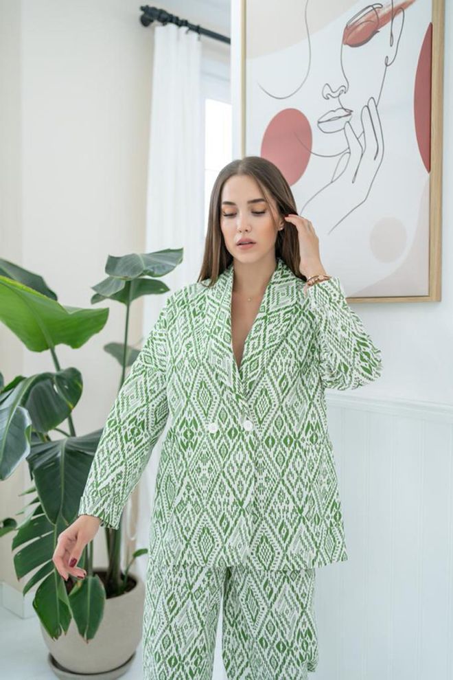 L&C Green Formal Suit With Geometric Pattern Wholesale Clothing Work