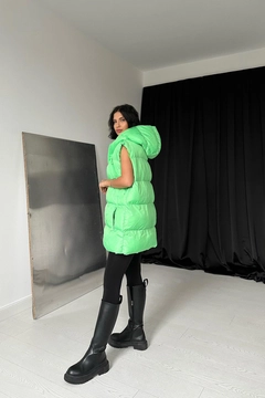 Bir model, Elisa toptan giyim markasının els11008-hooded-puffer-vest-green toptan Yelek ürününü sergiliyor.
